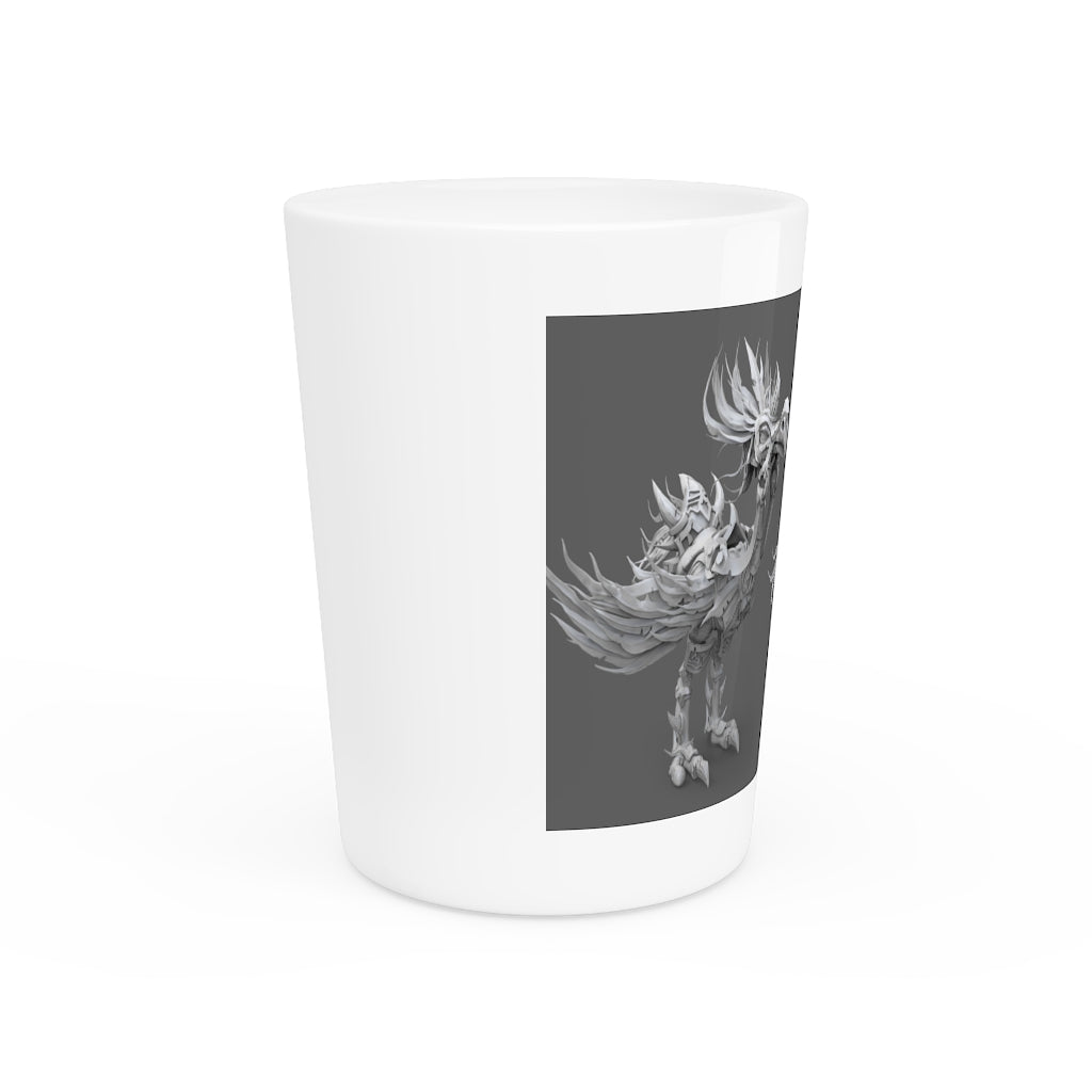 Ceramic shot glass featuring Squawkers the Ostrich design, available in white or black interior.