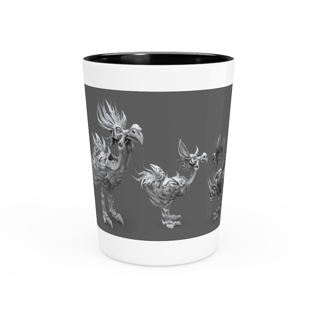 Ceramic shot glass featuring Squawkers the Ostrich design, available in white or black interior.