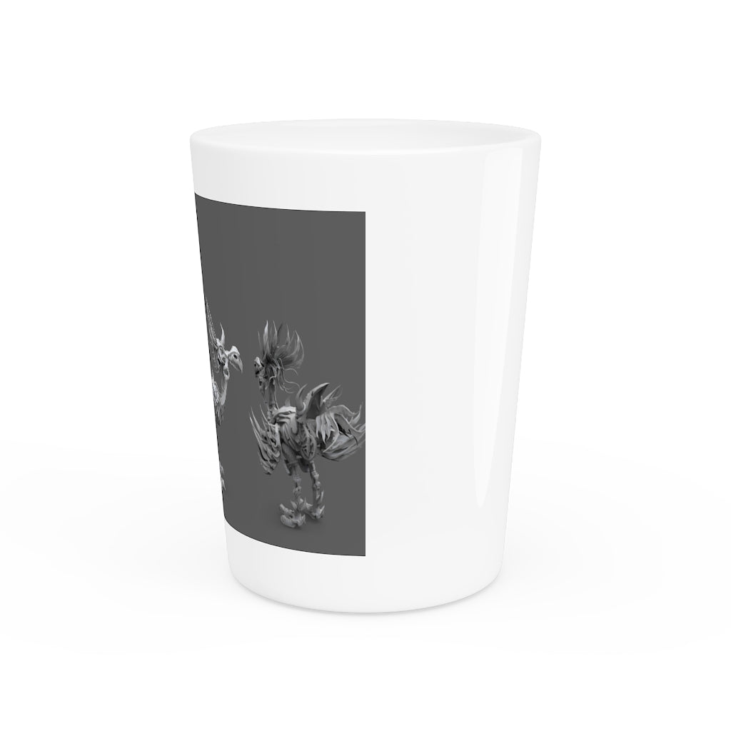Ceramic shot glass featuring Squawkers the Ostrich design, available in white or black interior.