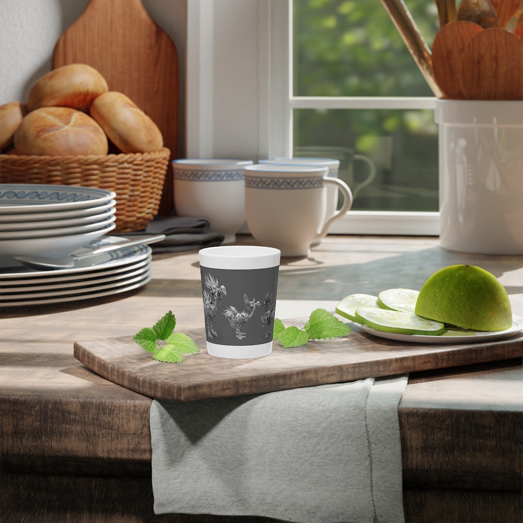 Ceramic shot glass featuring Squawkers the Ostrich design, available in white or black interior.