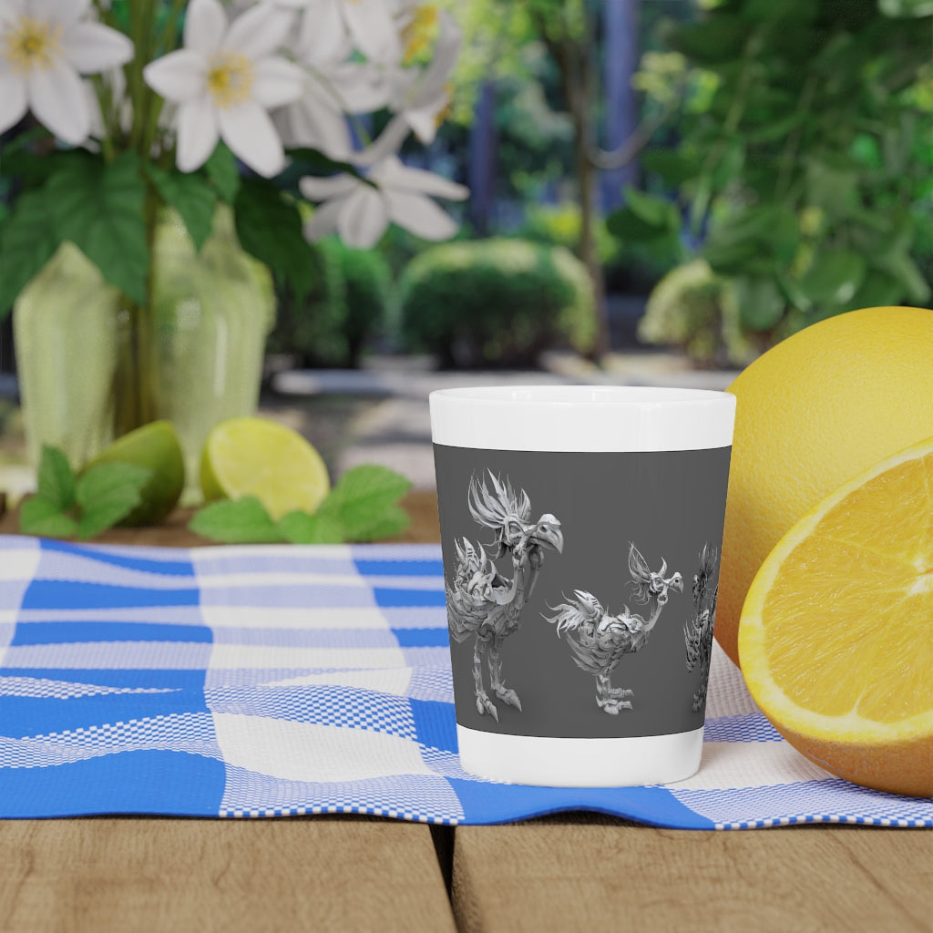 Ceramic shot glass featuring Squawkers the Ostrich design, available in white or black interior.