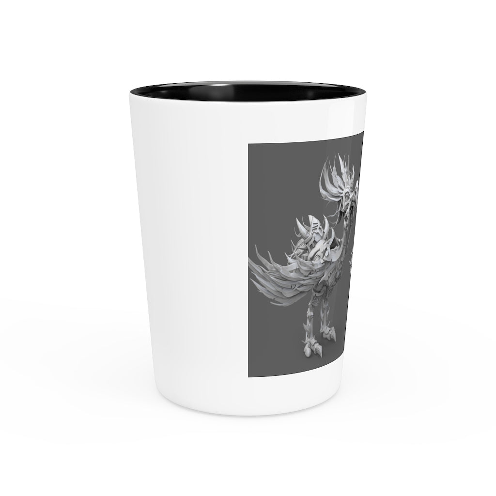 Ceramic shot glass featuring Squawkers the Ostrich design, available in white or black interior.