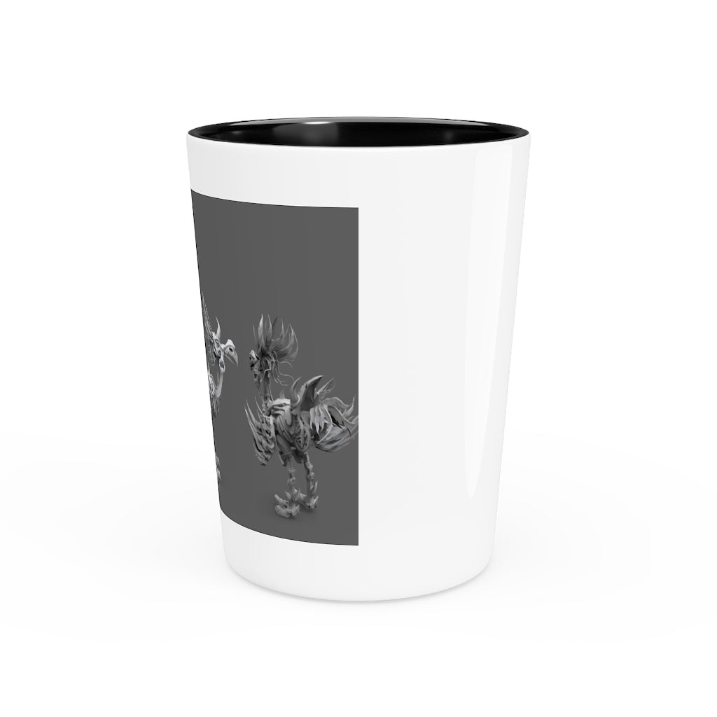 Ceramic shot glass featuring Squawkers the Ostrich design, available in white or black interior.