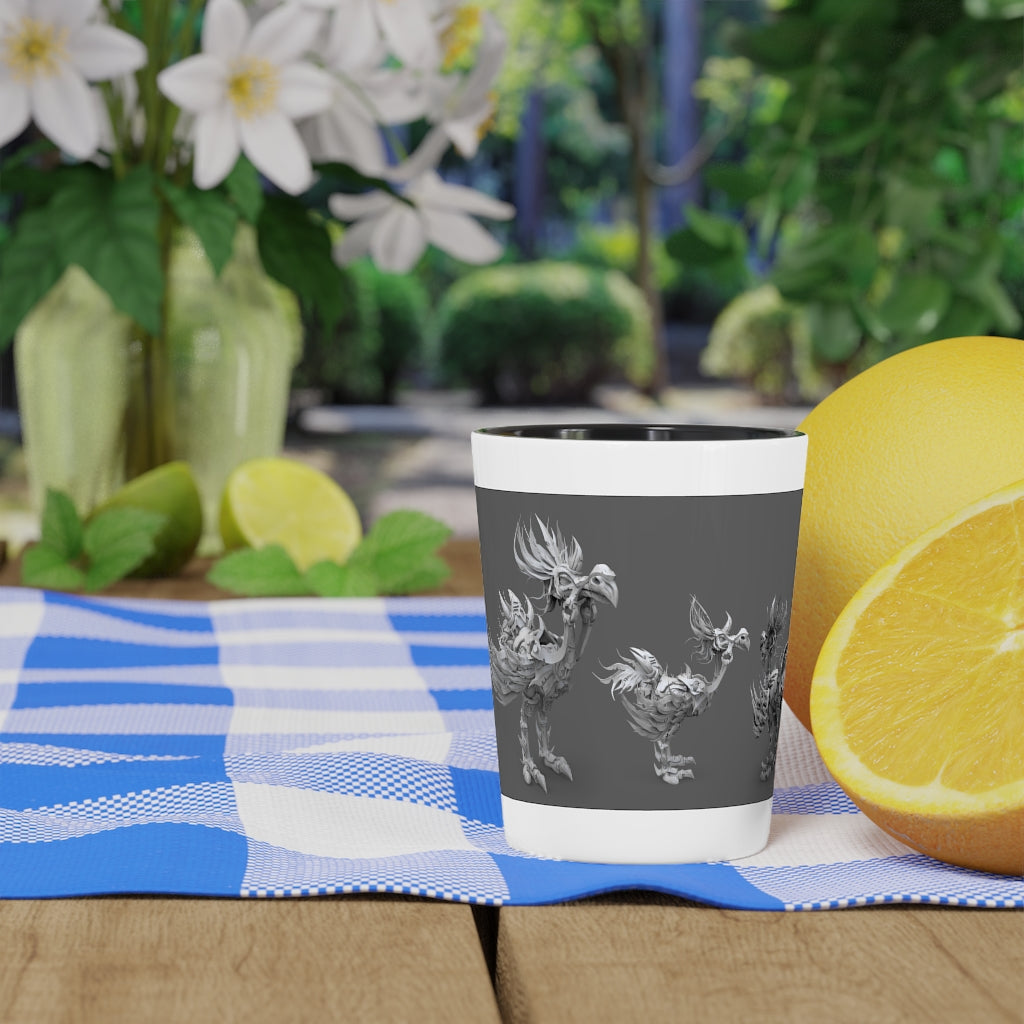 Ceramic shot glass featuring Squawkers the Ostrich design, available in white or black interior.