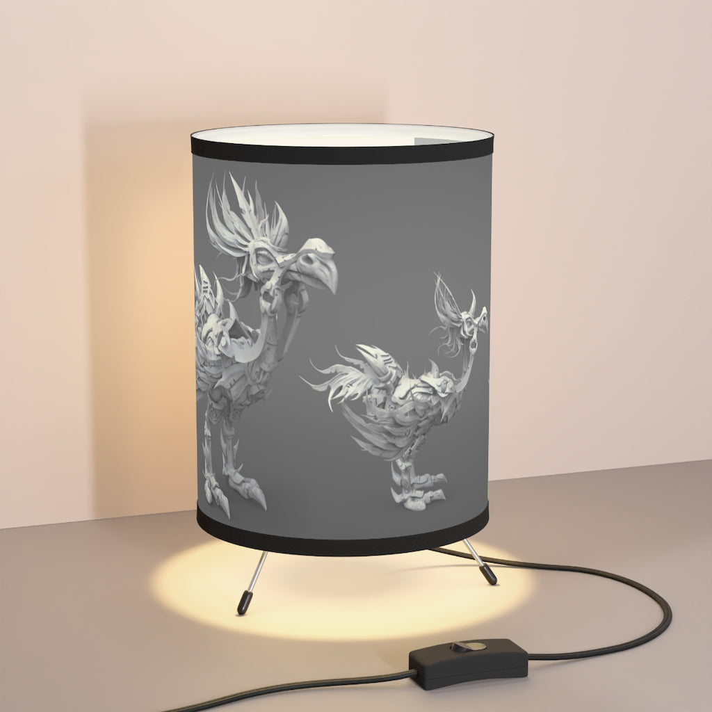 Squawkers the Ostrich Mount Tripod Lamp with a stylish galvanized steel base and custom high-resolution printed shade, perfect for home decor.