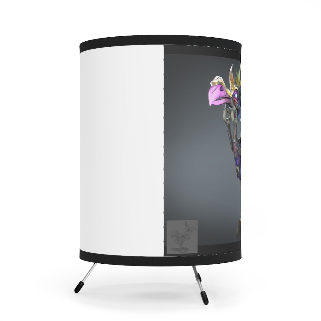 Squawkers the Ostrich Mount Tripod Lamp featuring a galvanized steel base and a custom high-resolution printed shade, perfect for stylish decor.