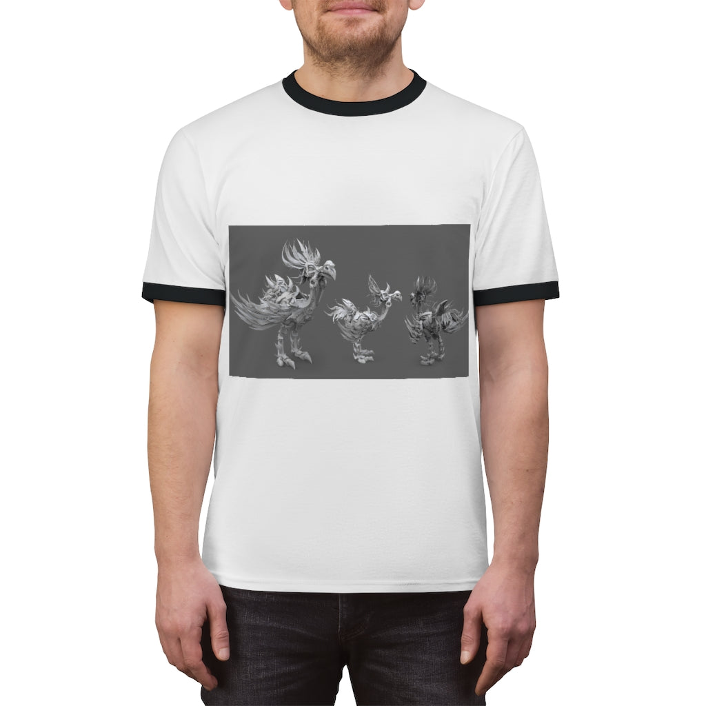 Squawkers the Ostrich Unisex Ringer Tee in various colors, showcasing its lightweight fabric and stylish design.