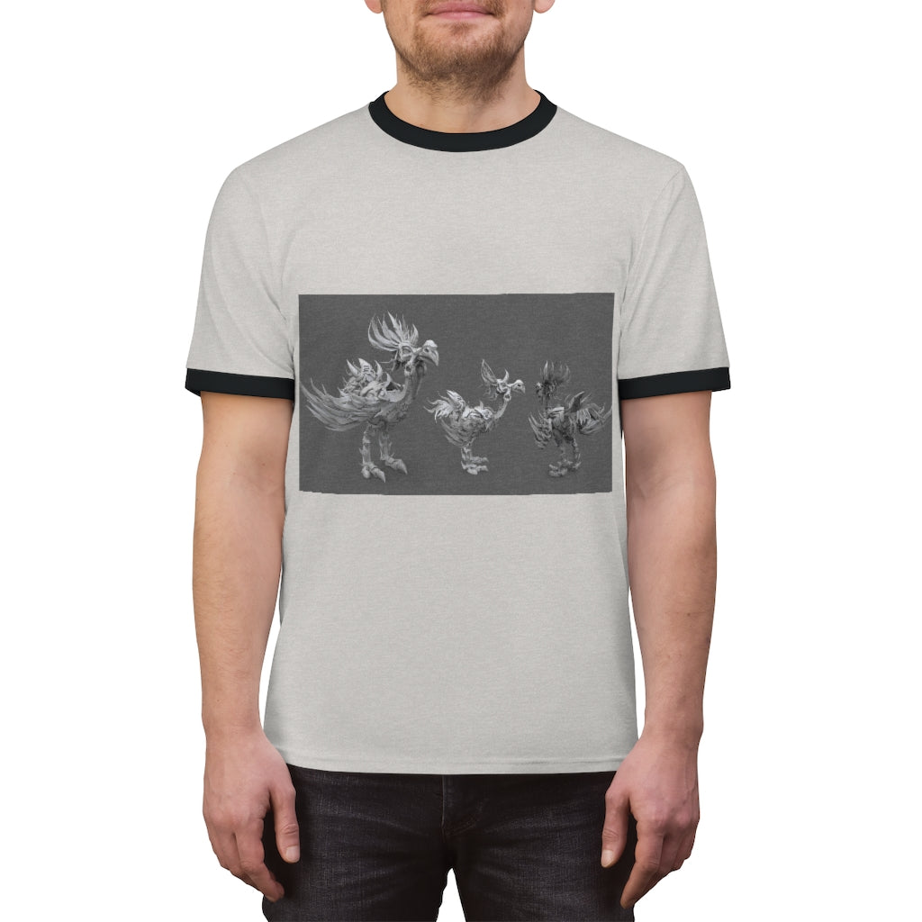 Squawkers the Ostrich Unisex Ringer Tee in various colors, showcasing its lightweight fabric and stylish design.