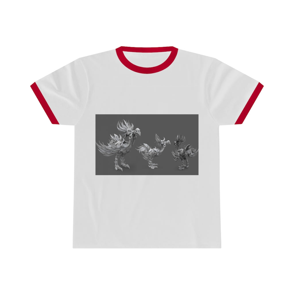 Squawkers the Ostrich Unisex Ringer Tee in various colors, showcasing its lightweight fabric and stylish design.