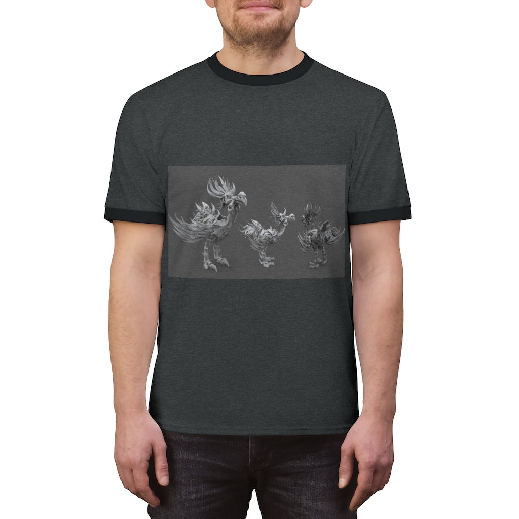 Squawkers the Ostrich Unisex Ringer Tee in various colors, showcasing its lightweight fabric and stylish design.