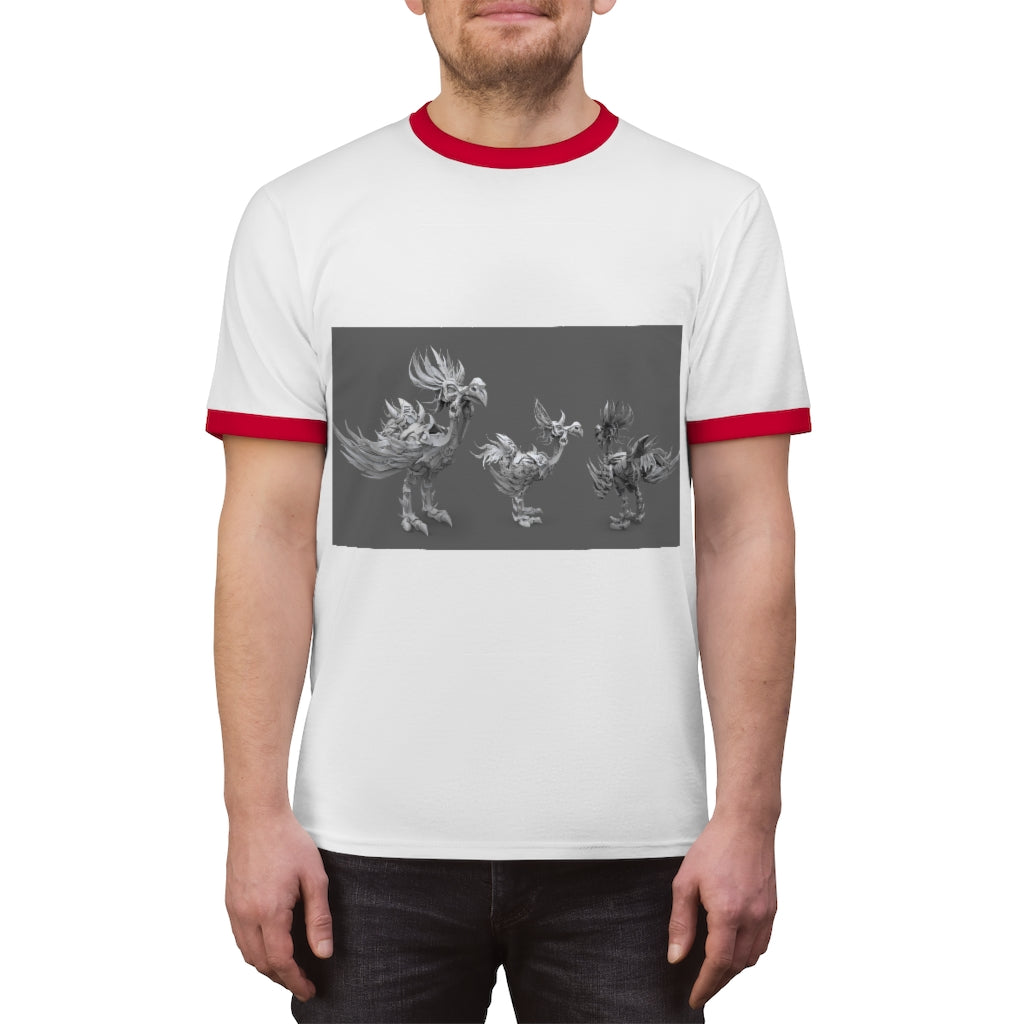 Squawkers the Ostrich Unisex Ringer Tee in various colors, showcasing its lightweight fabric and stylish design.