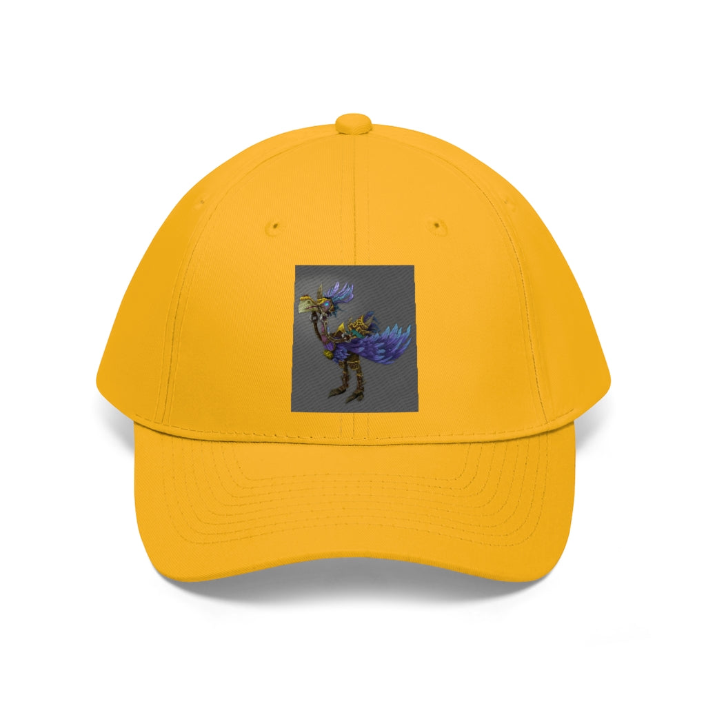 Squawkers the Ostrich Mount Unisex Twill Hat featuring a classic 6-panel design and adjustable Velcro closure, made from 100% cotton twill.