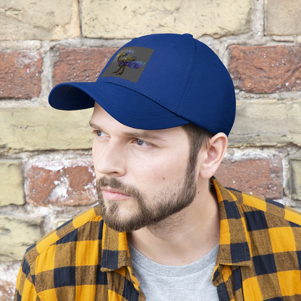 Squawkers the Ostrich Mount Unisex Twill Hat featuring a classic 6-panel design and adjustable Velcro closure, made from 100% cotton twill.