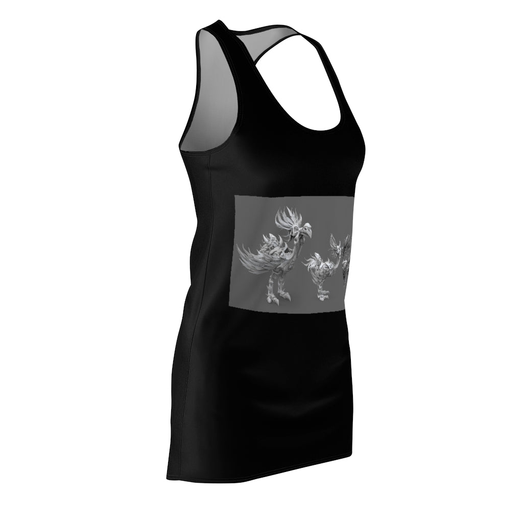 A stylish women's racerback dress featuring a unique Squawkers the Ostrich Mount print, showcasing a feminine silhouette and sporty design.