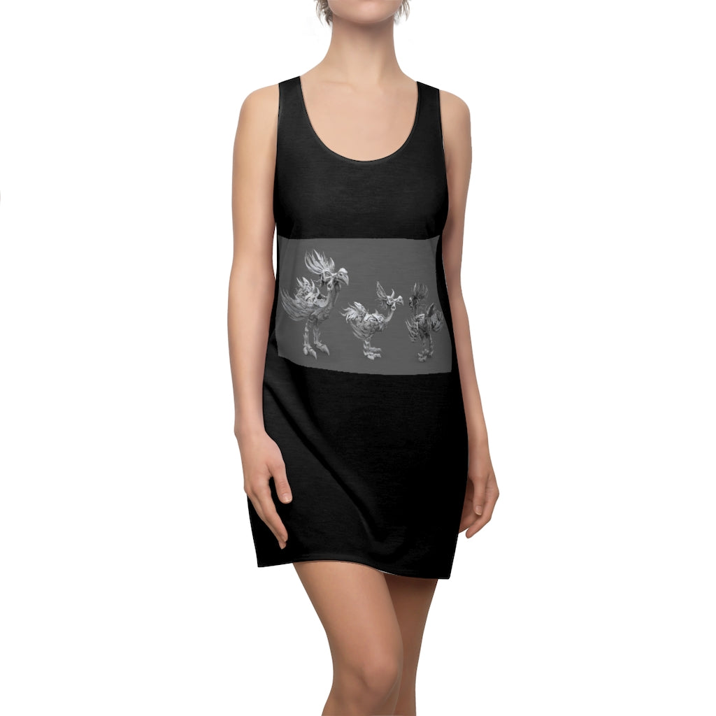 A stylish women's racerback dress featuring a unique Squawkers the Ostrich Mount print, showcasing a feminine silhouette and sporty design.