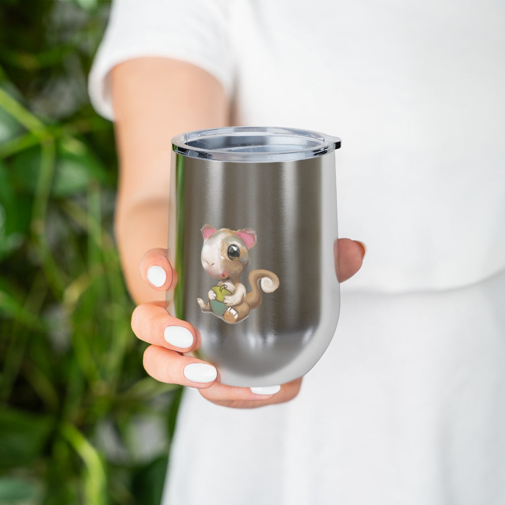 Squirrel 12oz Insulated Wine Tumbler with clear lid, showcasing its sleek stainless steel design and vibrant artwork.