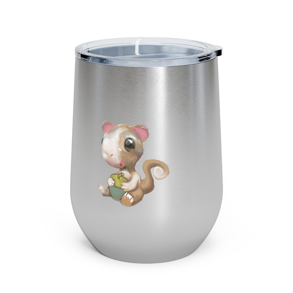 Squirrel 12oz Insulated Wine Tumbler with clear lid, showcasing its sleek stainless steel design and vibrant artwork.
