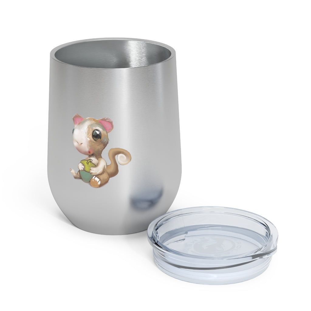 Squirrel 12oz Insulated Wine Tumbler with clear lid, showcasing its sleek stainless steel design and vibrant artwork.