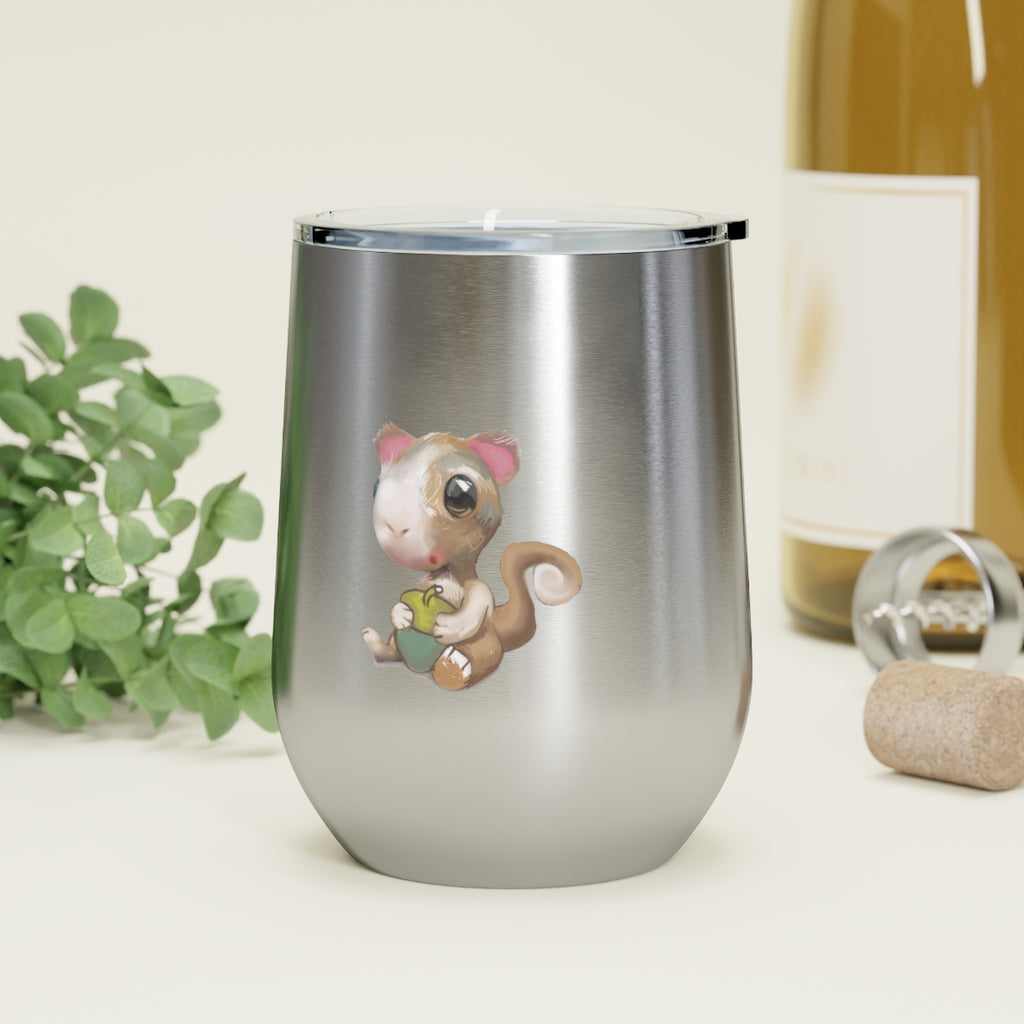 Squirrel 12oz Insulated Wine Tumbler with clear lid, showcasing its sleek stainless steel design and vibrant artwork.