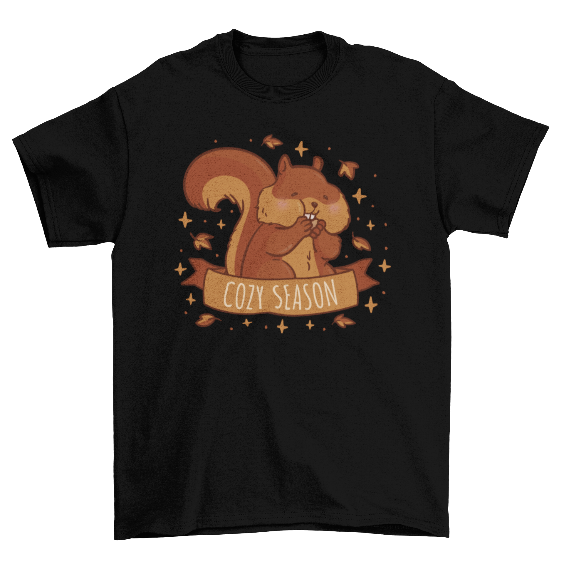A cozy autumn-themed t-shirt featuring a cute squirrel surrounded by colorful leaves and the quote 'Cozy season'.