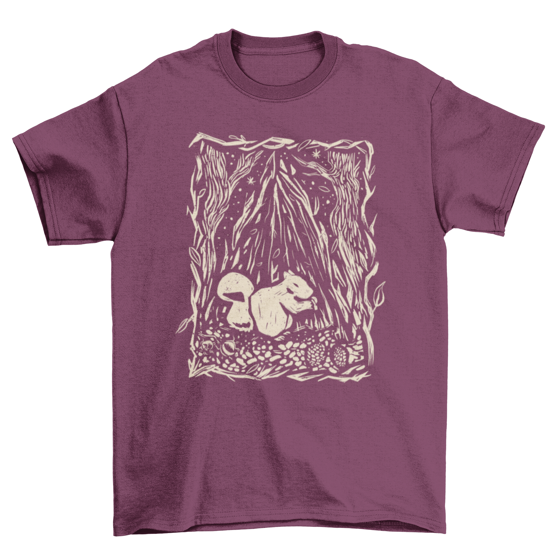 A stylish t-shirt featuring a detailed illustration of a squirrel in a vibrant forest setting, perfect for nature enthusiasts.