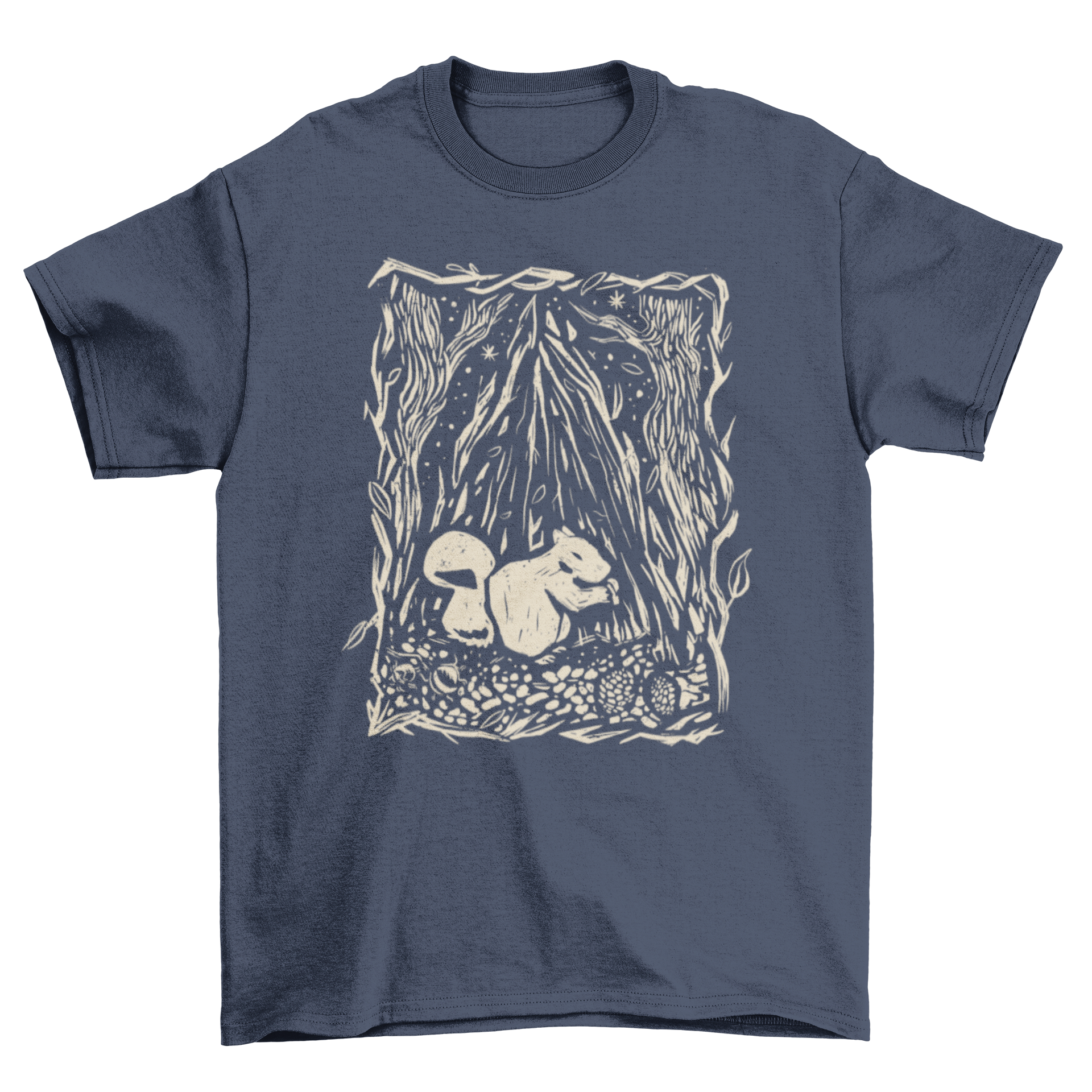 A stylish t-shirt featuring a detailed illustration of a squirrel in a vibrant forest setting, perfect for nature enthusiasts.