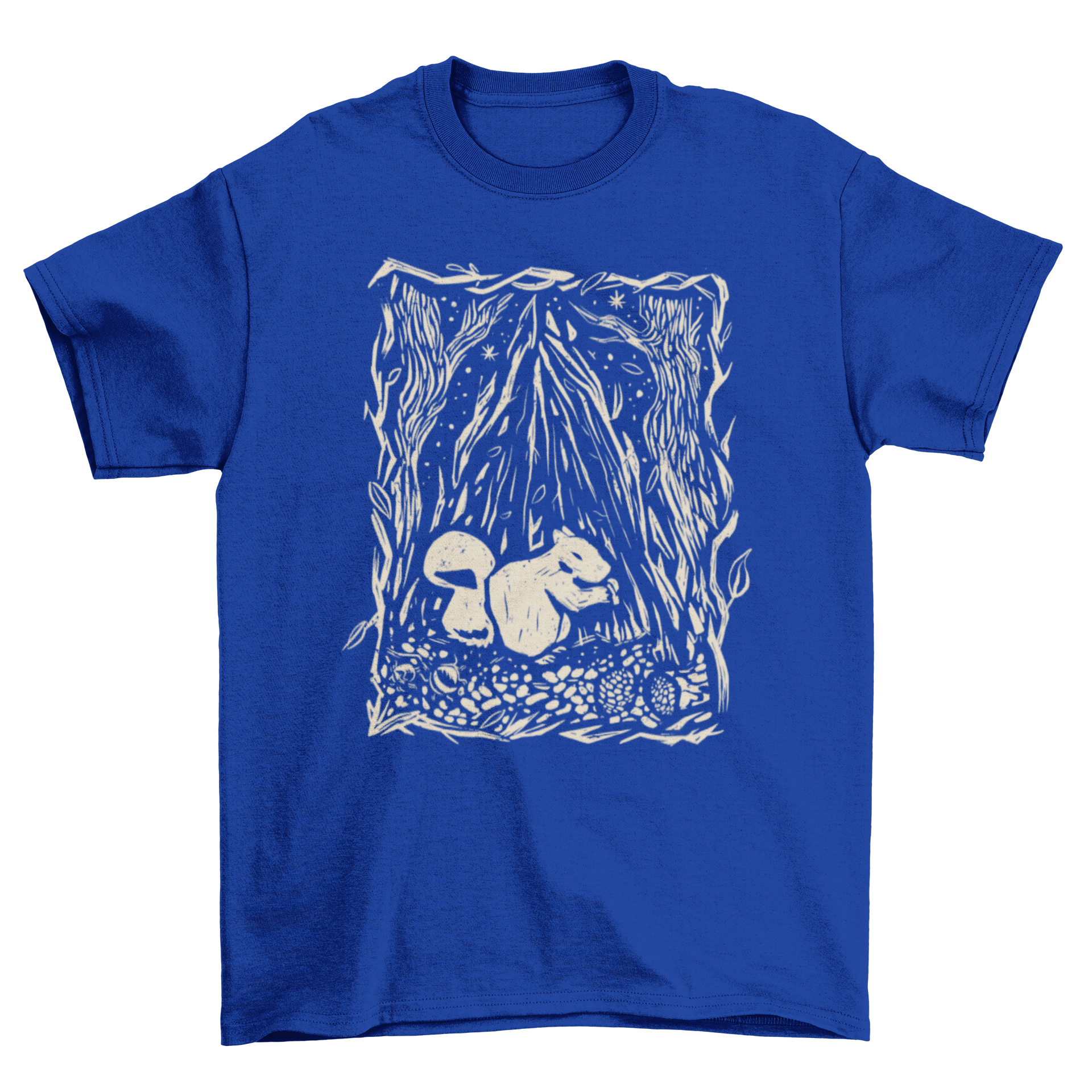 A stylish t-shirt featuring a detailed illustration of a squirrel in a vibrant forest setting, perfect for nature enthusiasts.