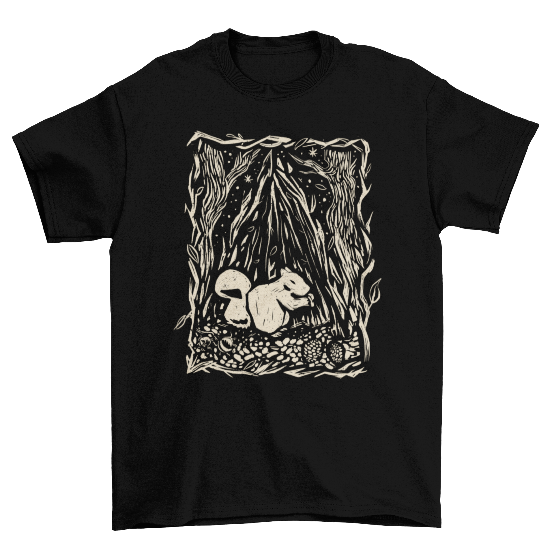 A stylish t-shirt featuring a detailed illustration of a squirrel in a vibrant forest setting, perfect for nature enthusiasts.