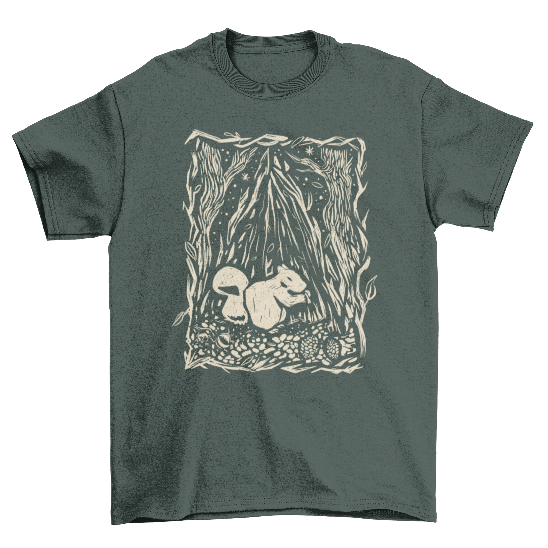 A stylish t-shirt featuring a detailed illustration of a squirrel in a vibrant forest setting, perfect for nature enthusiasts.