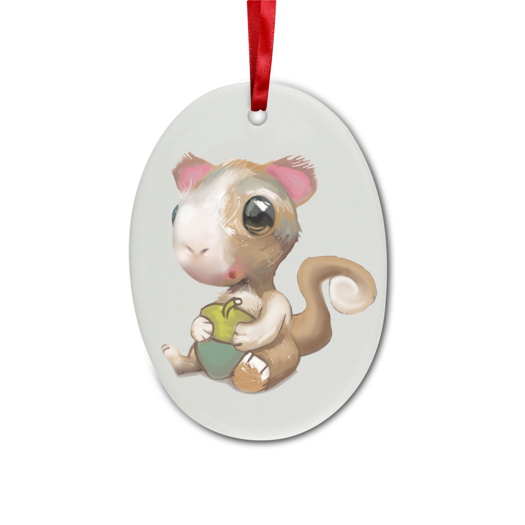 Squirrel Ceramic Hanging Ornament with red ribbon and gold string, perfect for Christmas decoration.