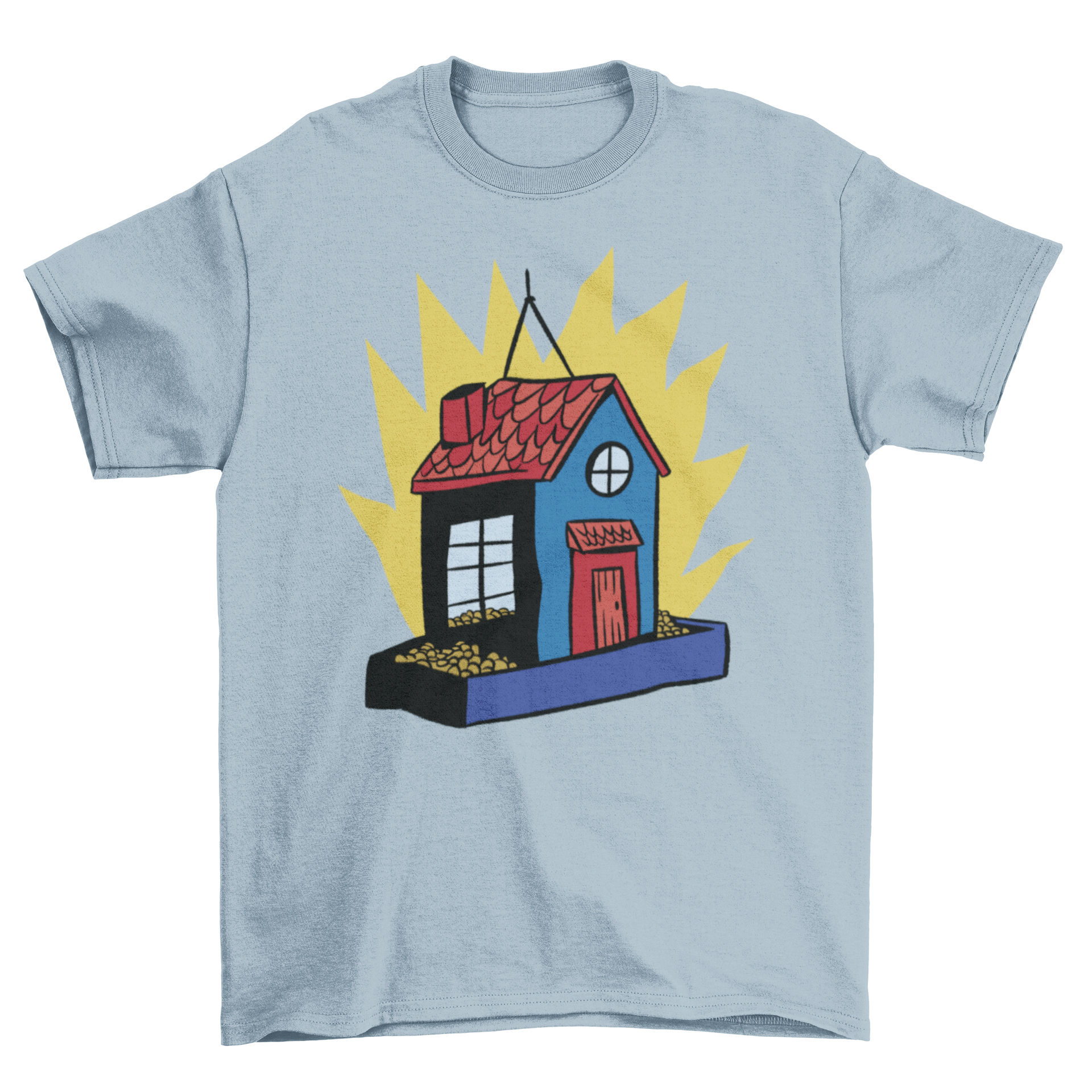 A cartoon t-shirt featuring a whimsical squirrel house design with playful squirrels around it.