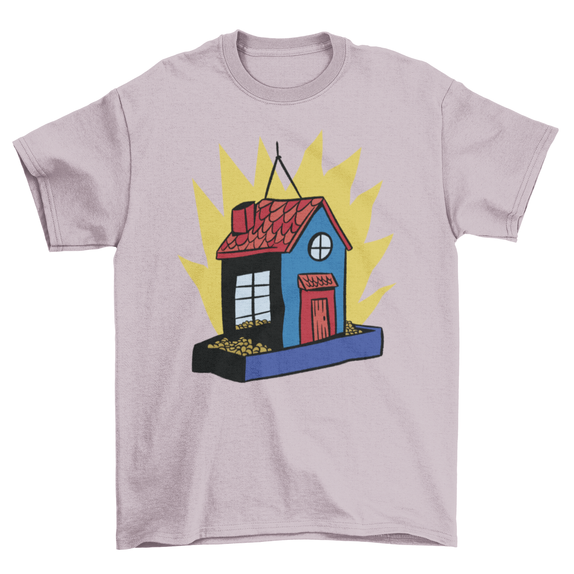 A cartoon t-shirt featuring a whimsical squirrel house design with playful squirrels around it.
