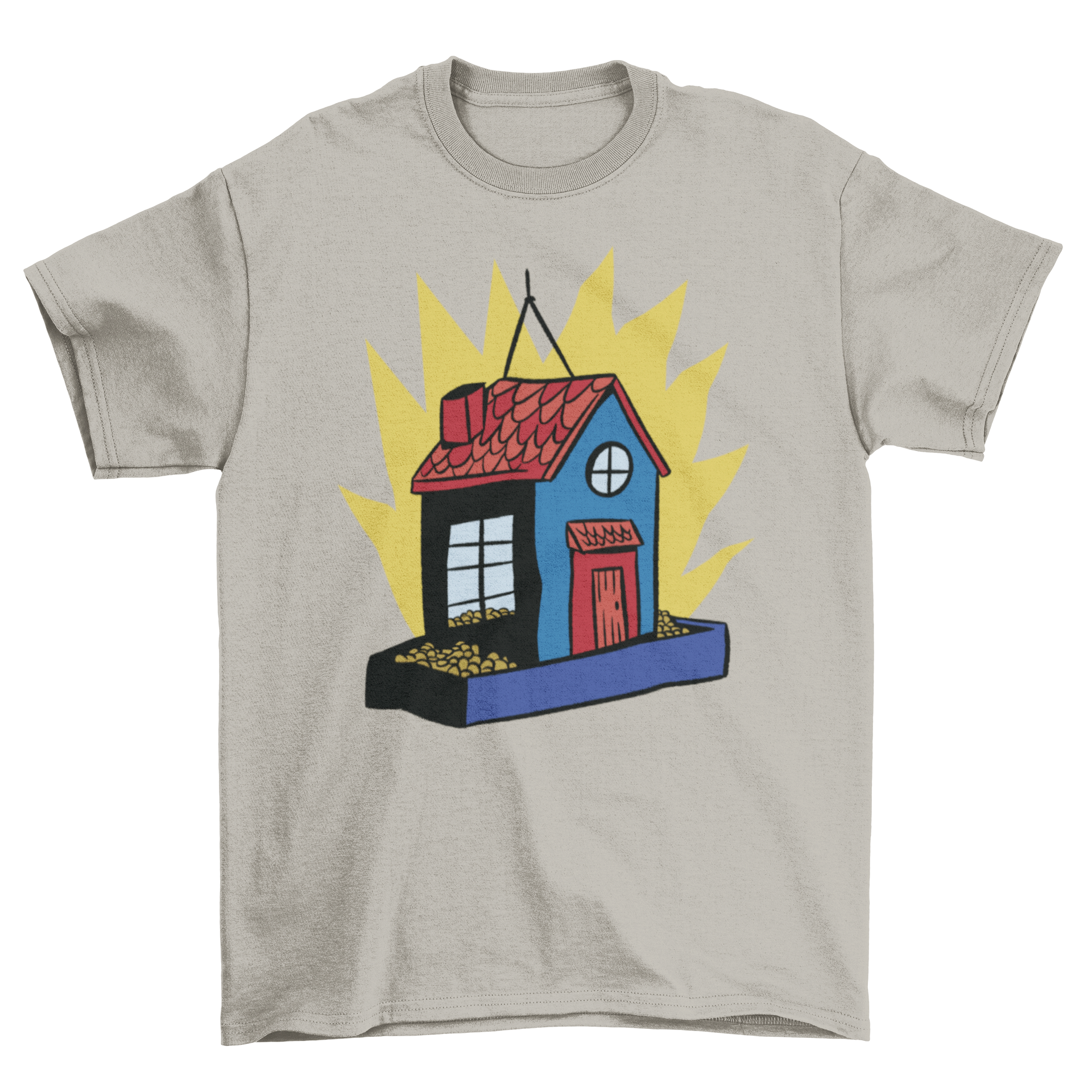 A cartoon t-shirt featuring a whimsical squirrel house design with playful squirrels around it.