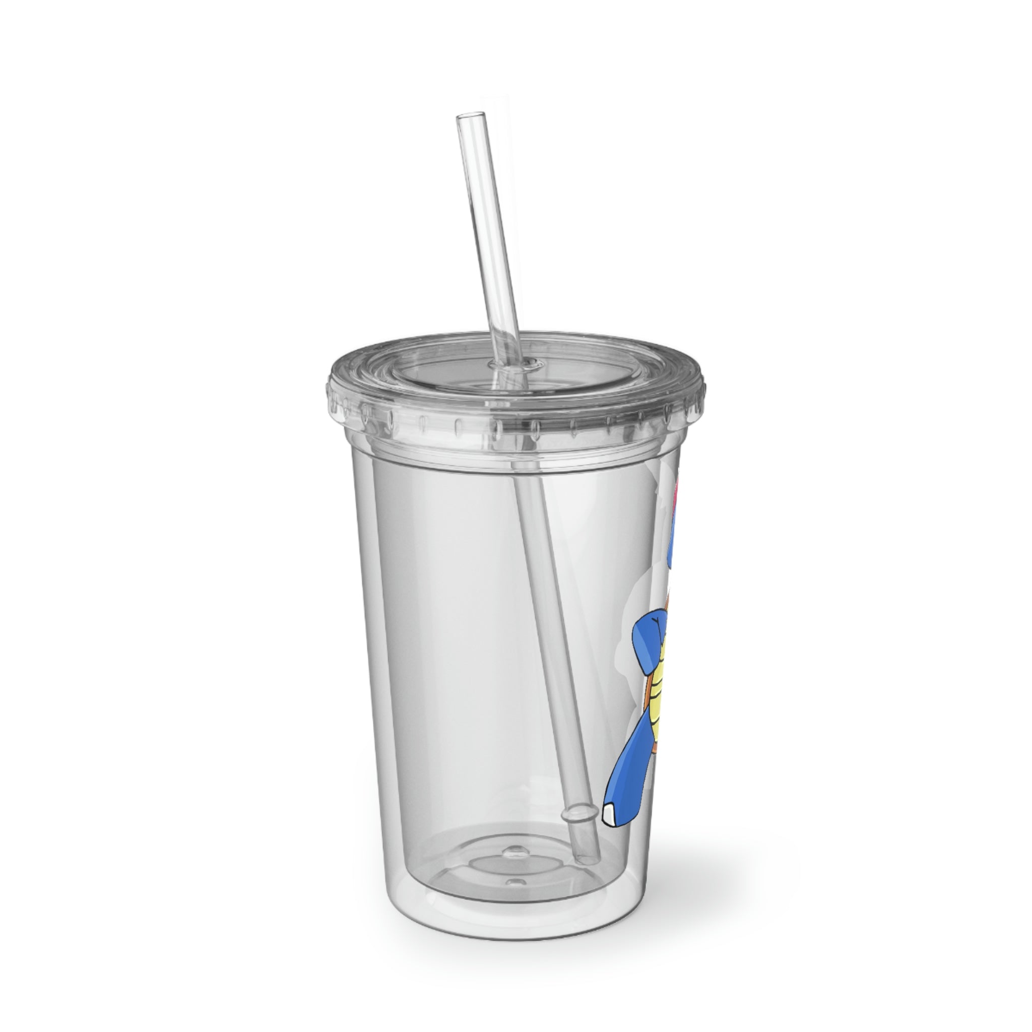 Squirtila Suave Acrylic Cup in stainless steel with a black screw-on cap and plastic straw, showcasing a customizable design.