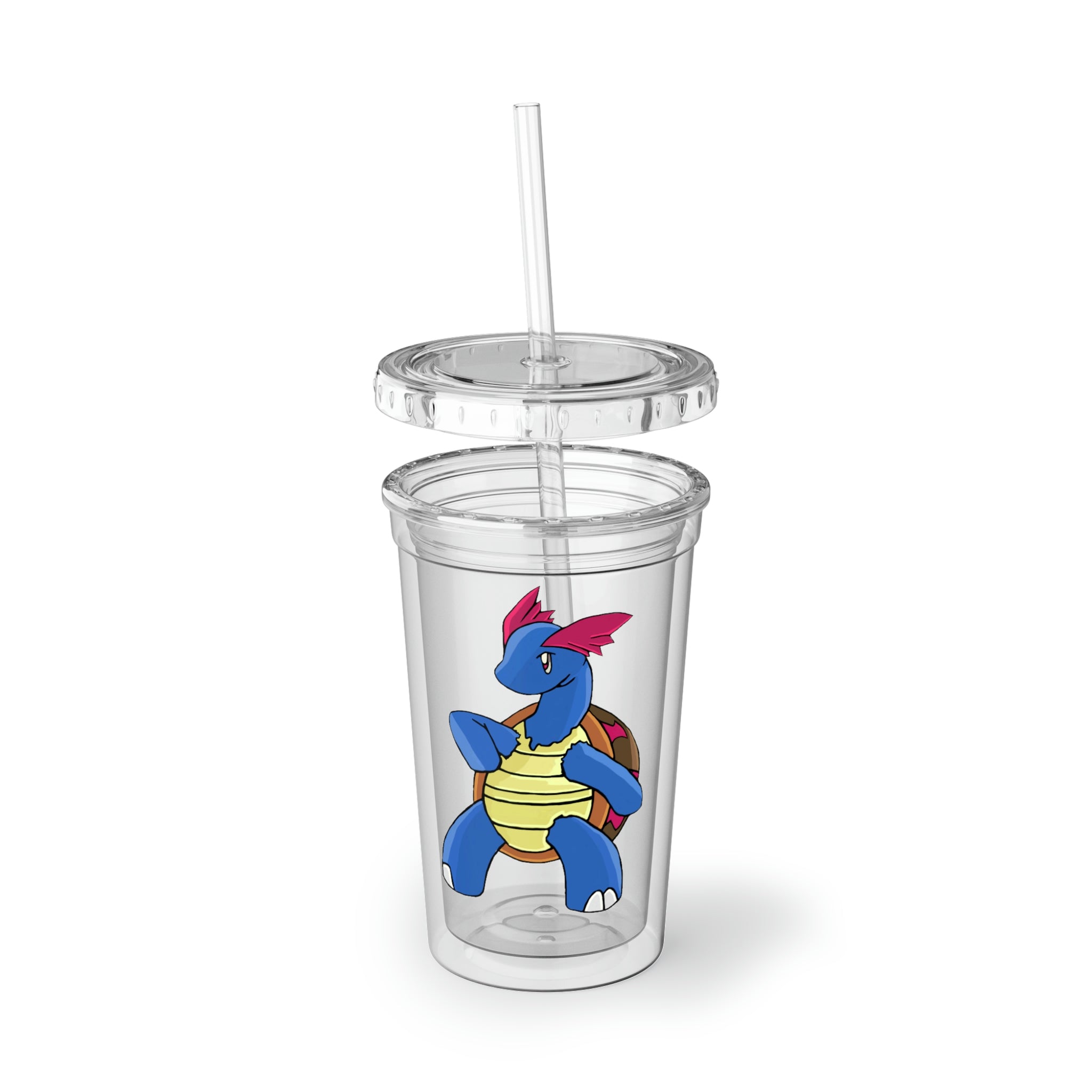 Squirtila Suave Acrylic Cup in stainless steel with a black screw-on cap and plastic straw, showcasing a customizable design.