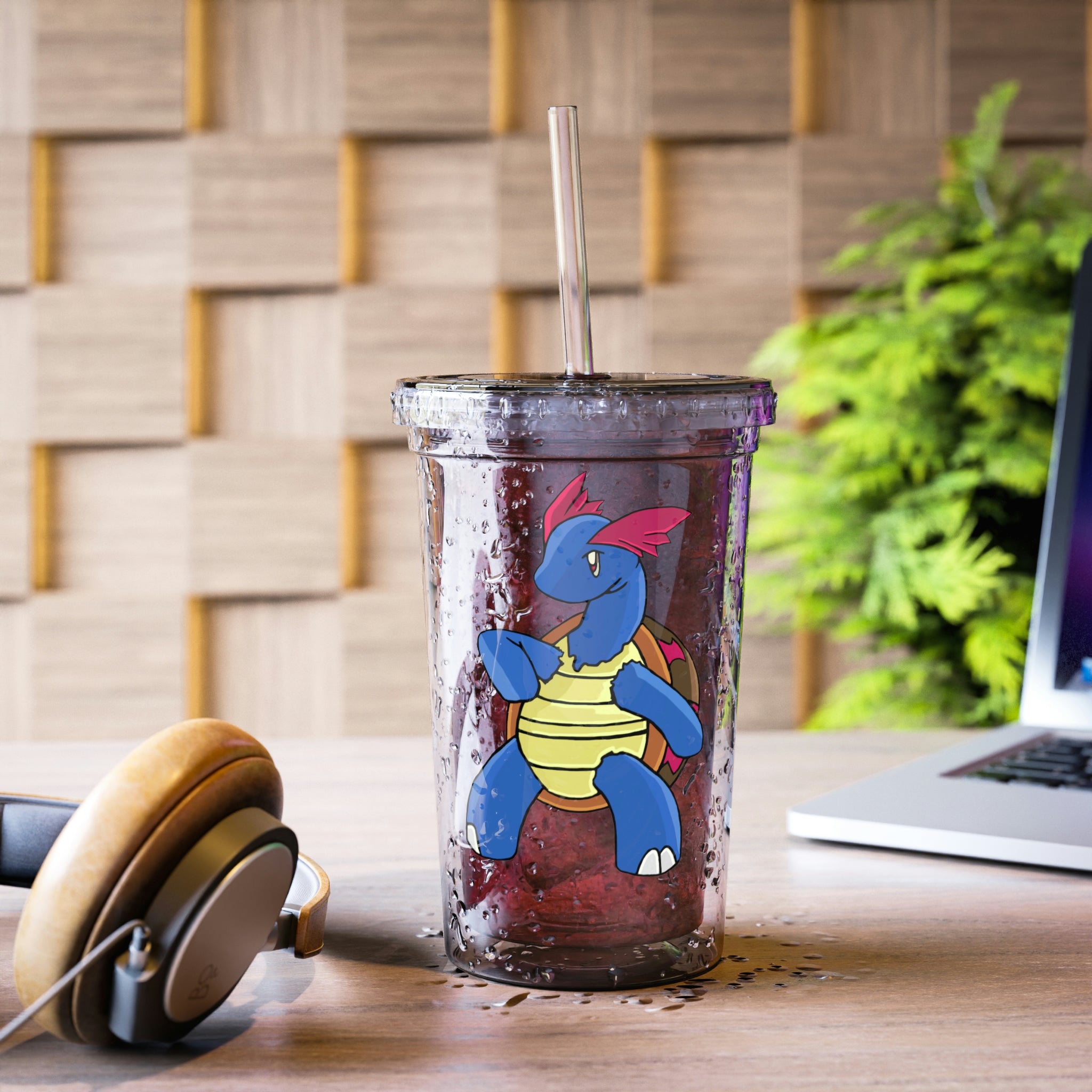 Squirtila Suave Acrylic Cup in stainless steel with a black screw-on cap and plastic straw, showcasing a customizable design.