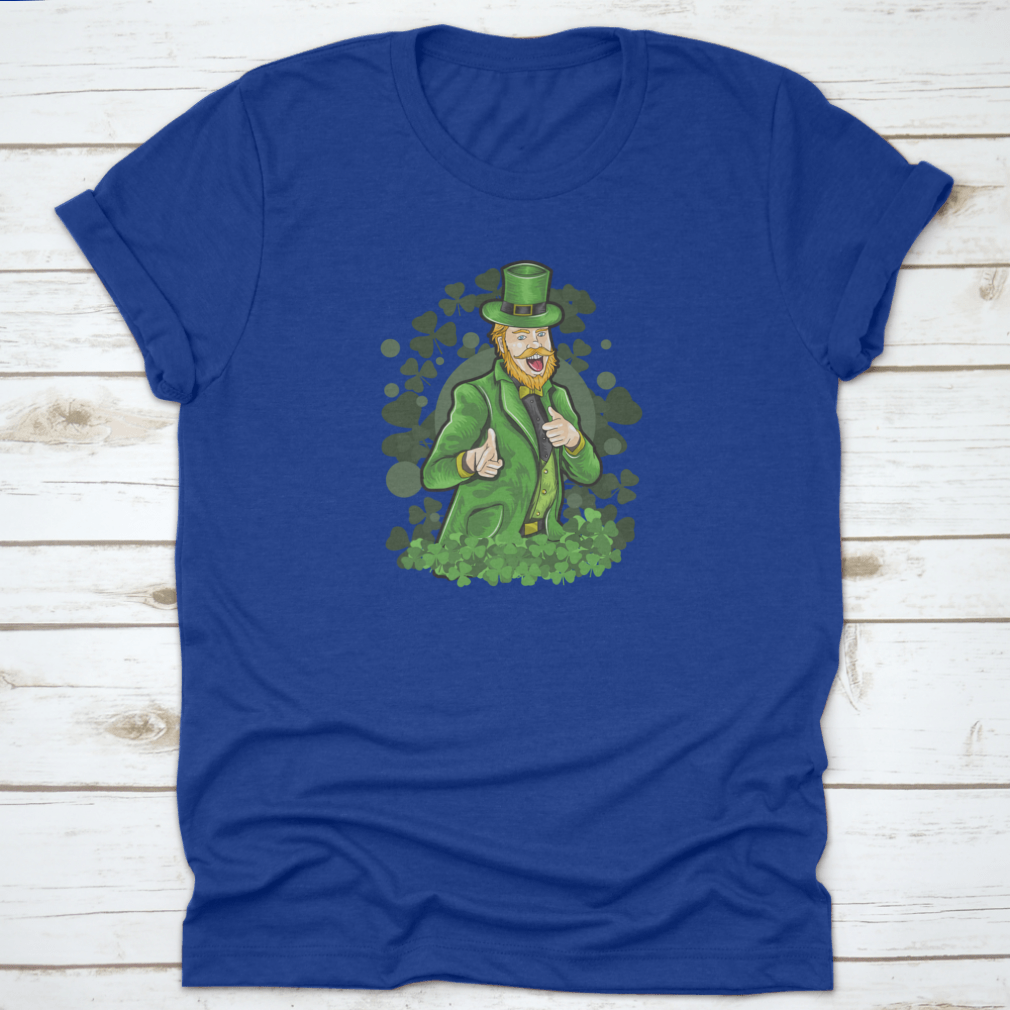A vibrant St. Patrick's Day shirt featuring a funny shamrock design with lucky clover leaves, made from 100% cotton for comfort.