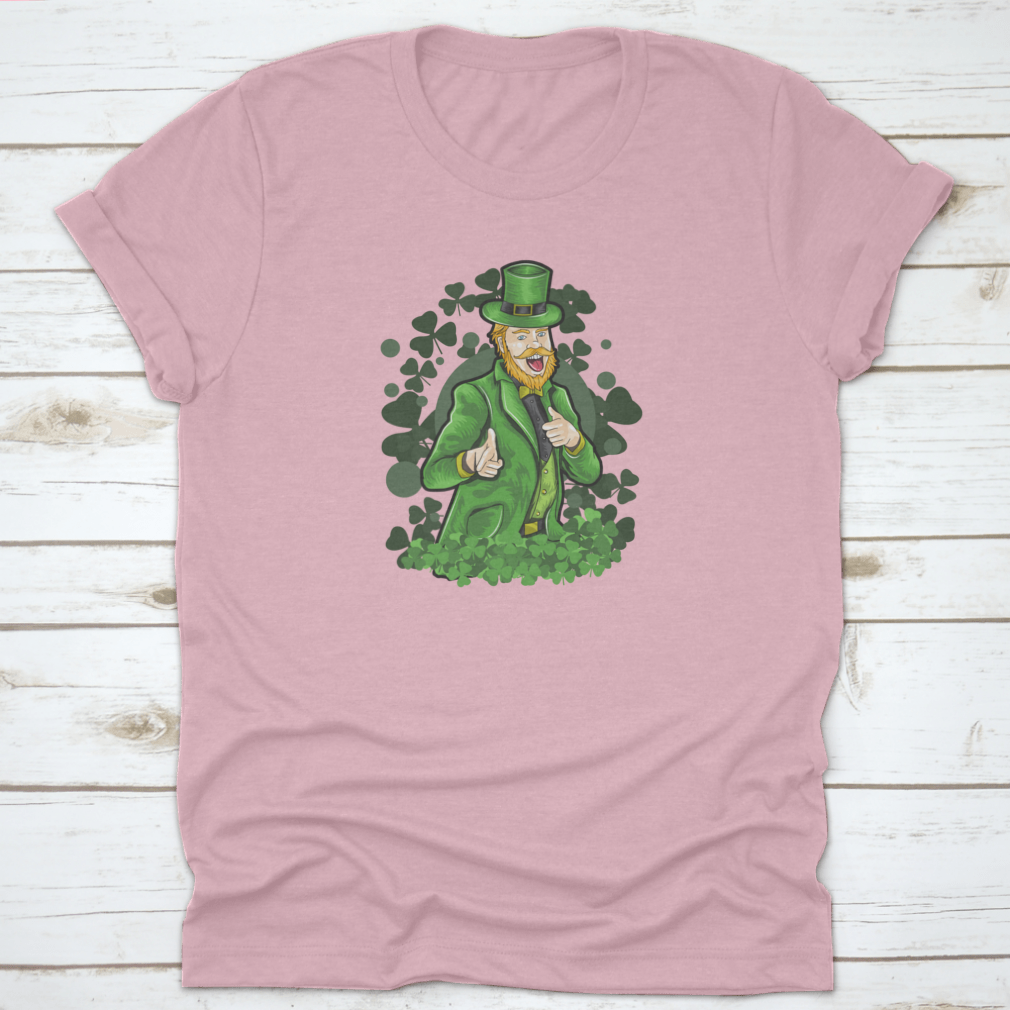 A vibrant St. Patrick's Day shirt featuring a funny shamrock design with lucky clover leaves, made from 100% cotton for comfort.