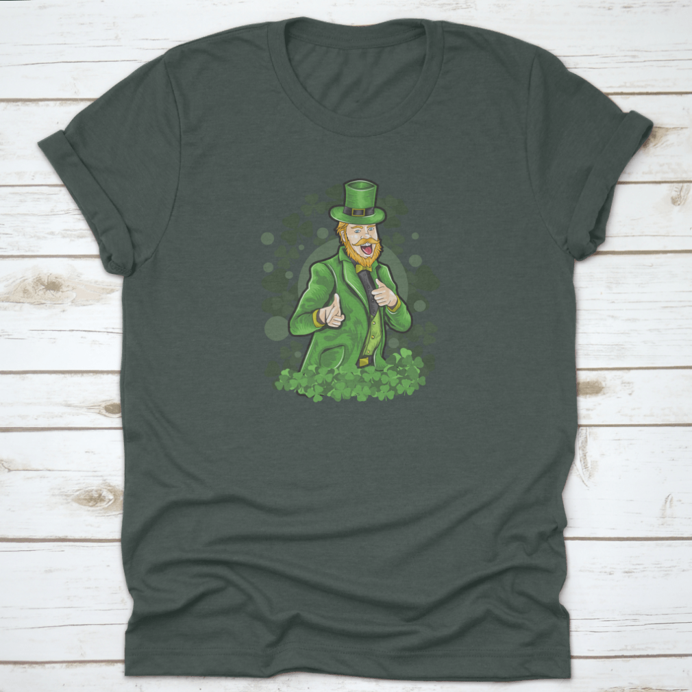 A vibrant St. Patrick's Day shirt featuring a funny shamrock design with lucky clover leaves, made from 100% cotton for comfort.
