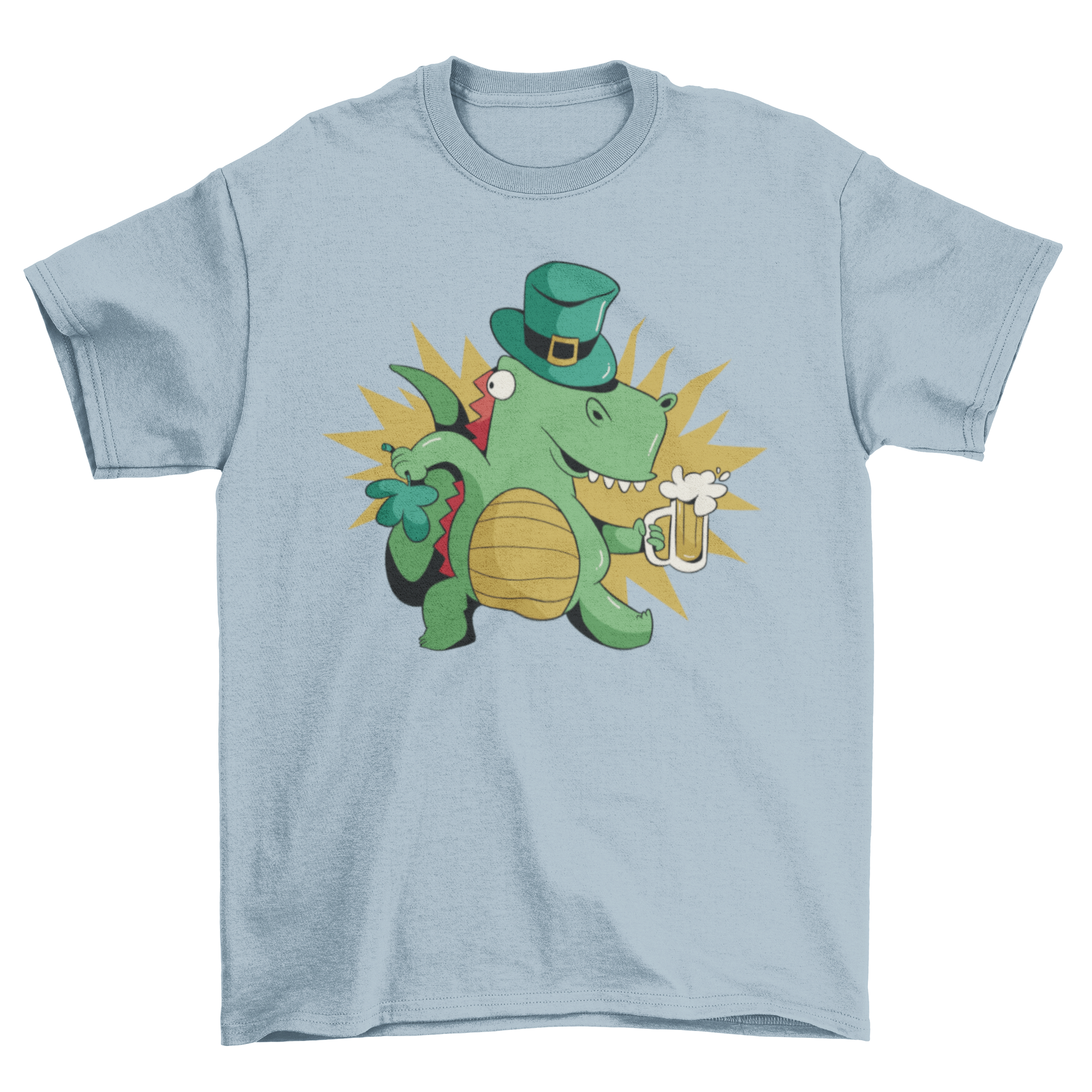 A playful t-shirt featuring a dinosaur wearing a St. Patrick's hat and holding a beer, perfect for festive celebrations.