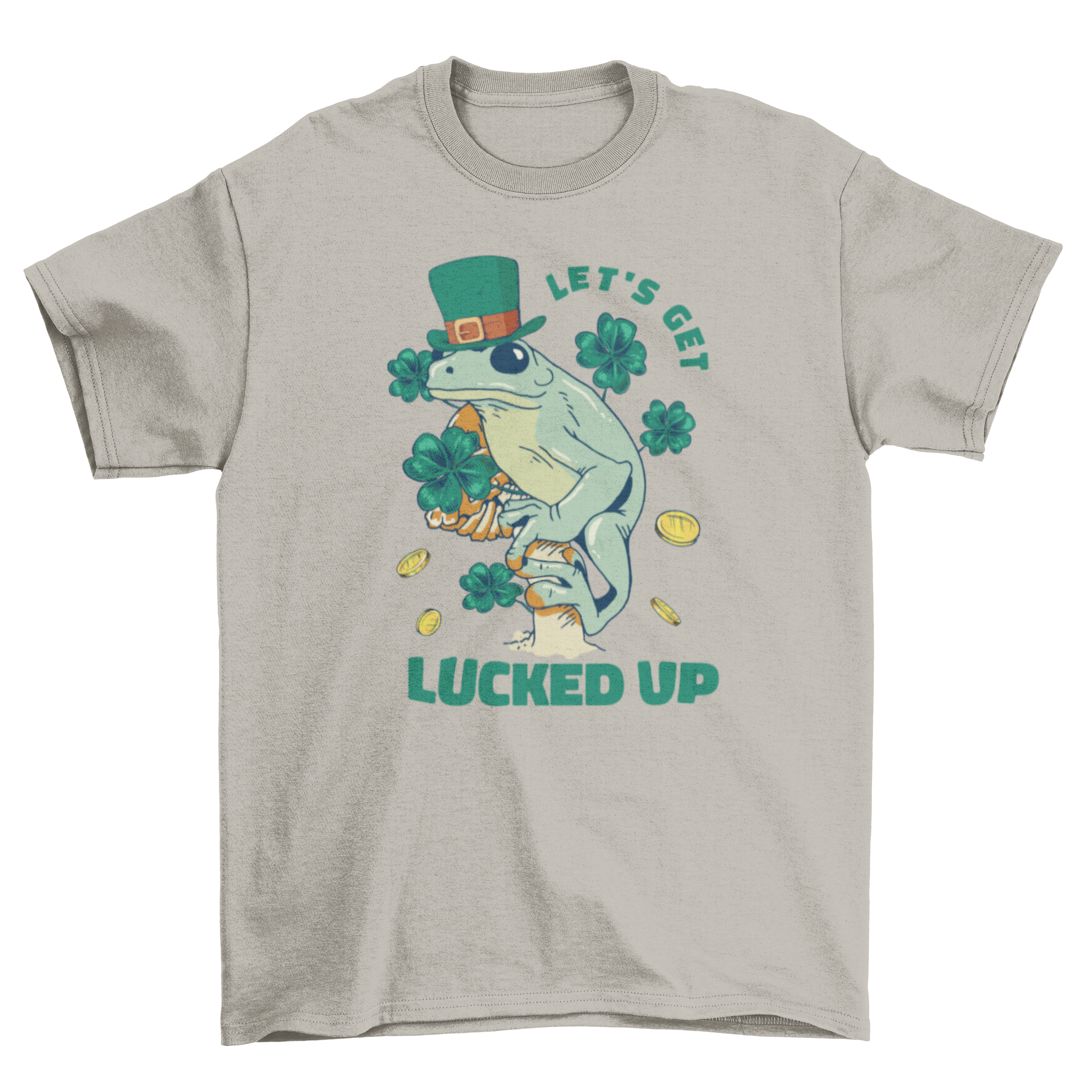 A cute t-shirt featuring a frog in an Irish hat, surrounded by clovers and coins with the quote 'Let's get lucked up'.