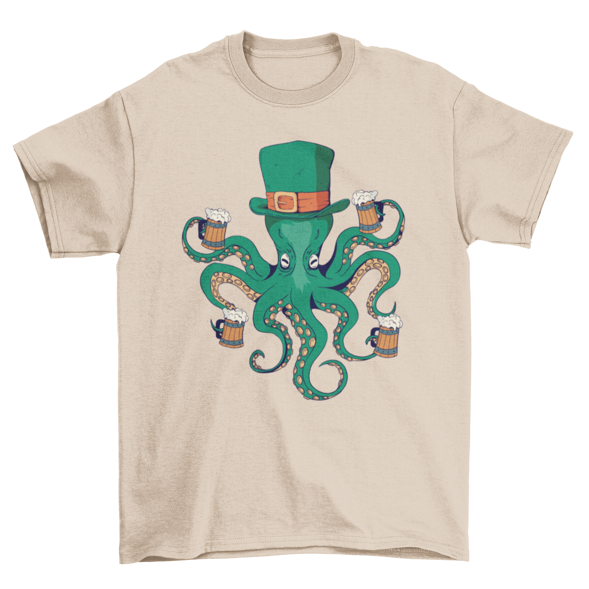 A vibrant green t-shirt featuring a playful octopus holding beer mugs, perfect for St. Patrick's Day celebrations.