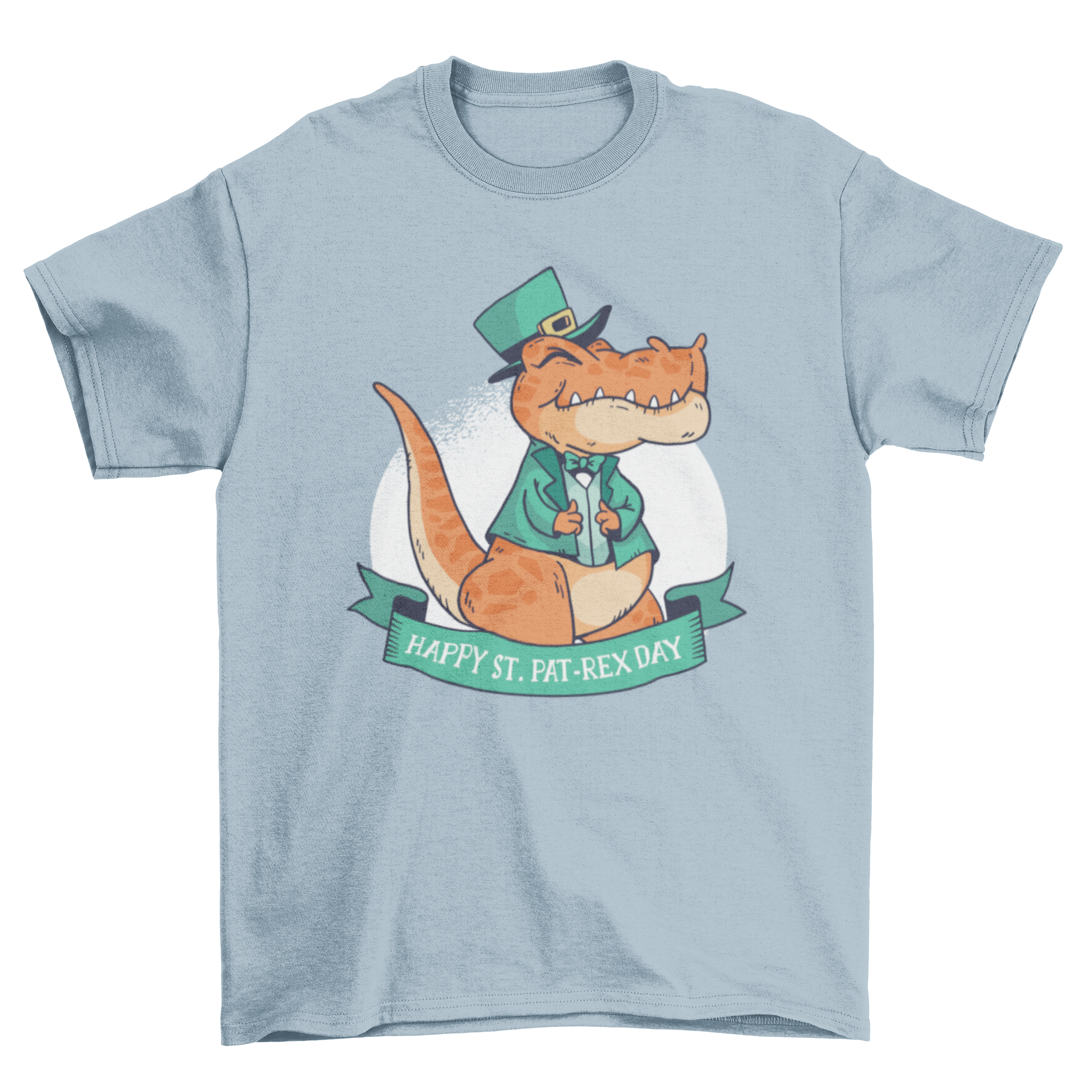 St. Patrick's T-Rex T-Shirt featuring a dinosaur in a green vest and leprechaun hat with a festive banner.