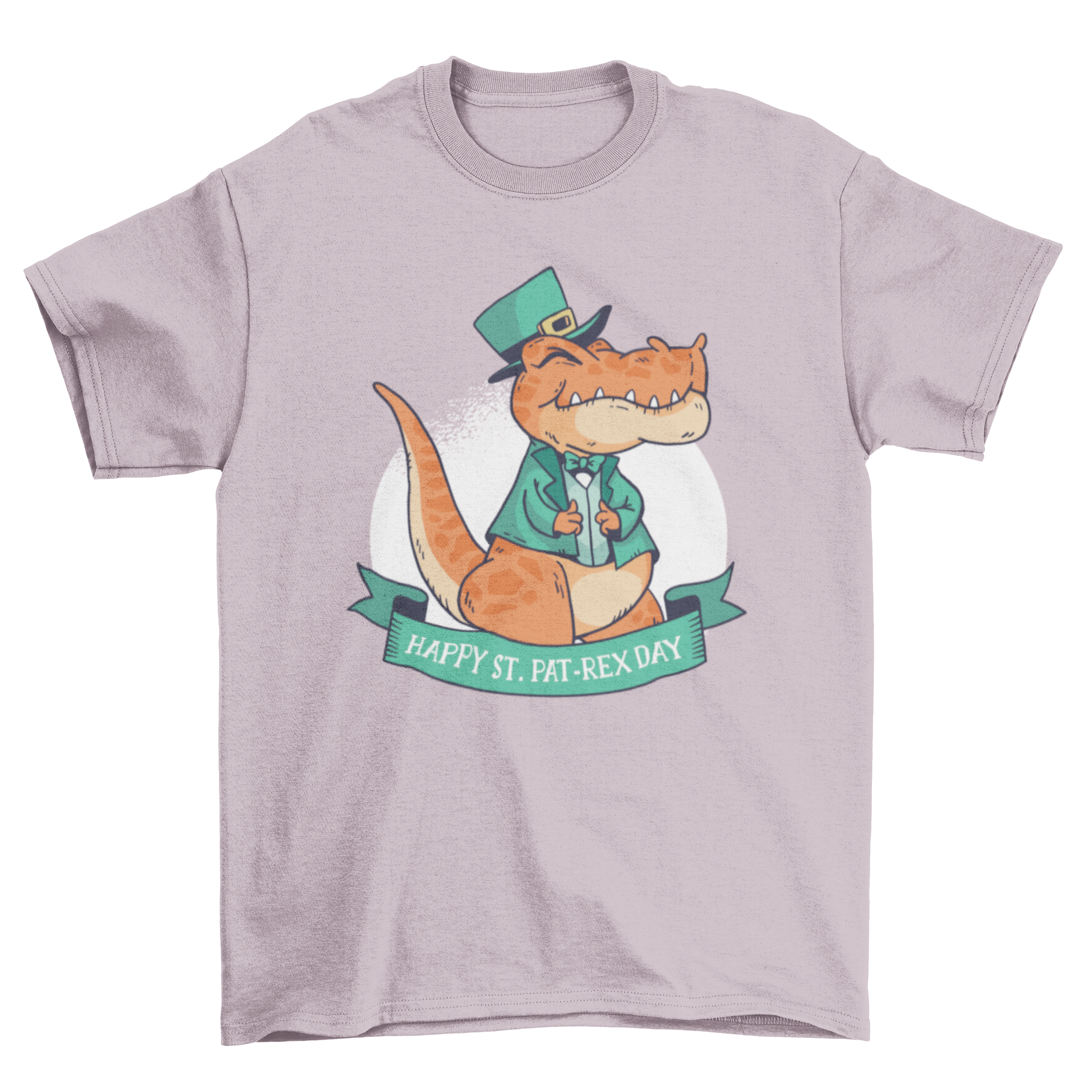 St. Patrick's T-Rex T-Shirt featuring a dinosaur in a green vest and leprechaun hat with a festive banner.