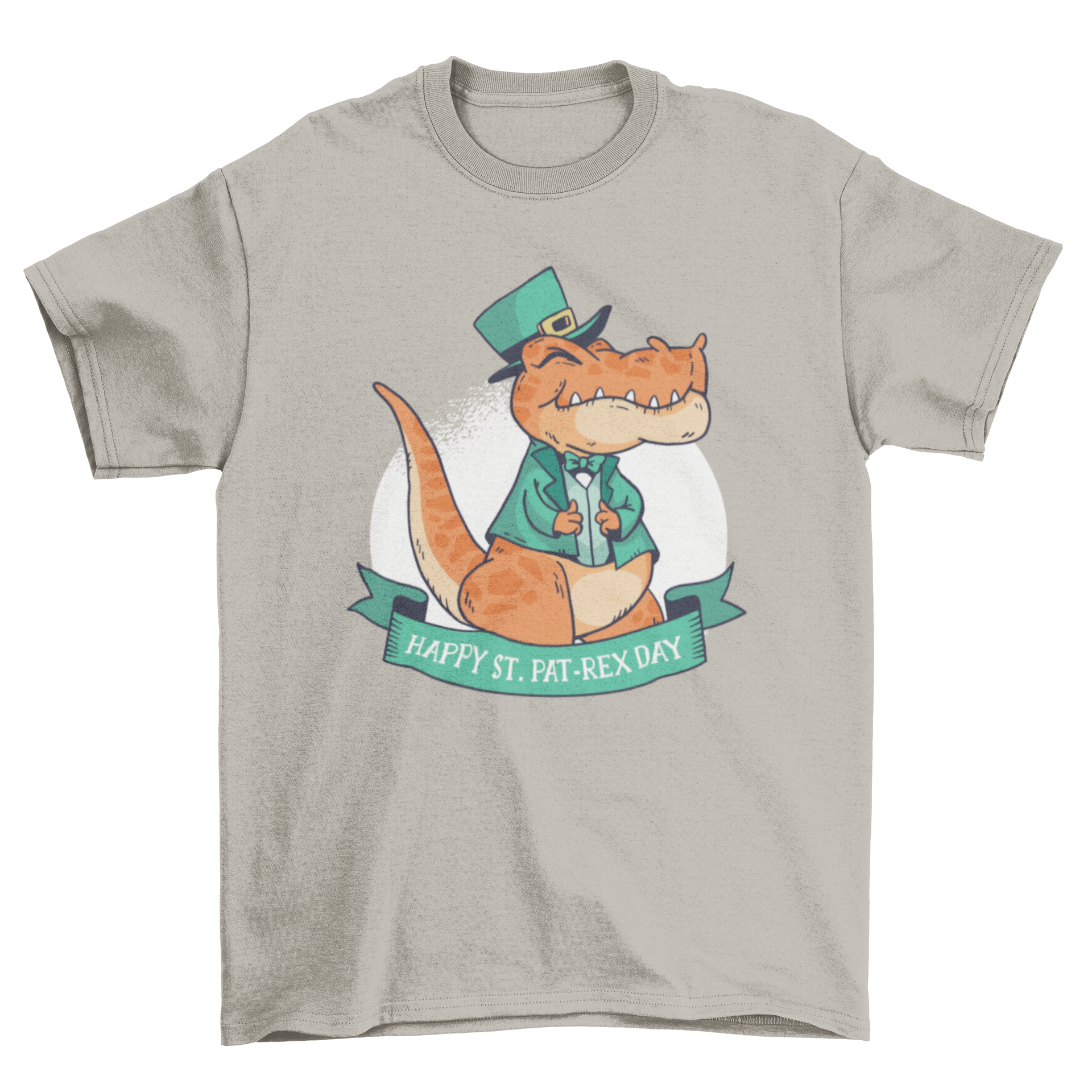 St. Patrick's T-Rex T-Shirt featuring a dinosaur in a green vest and leprechaun hat with a festive banner.