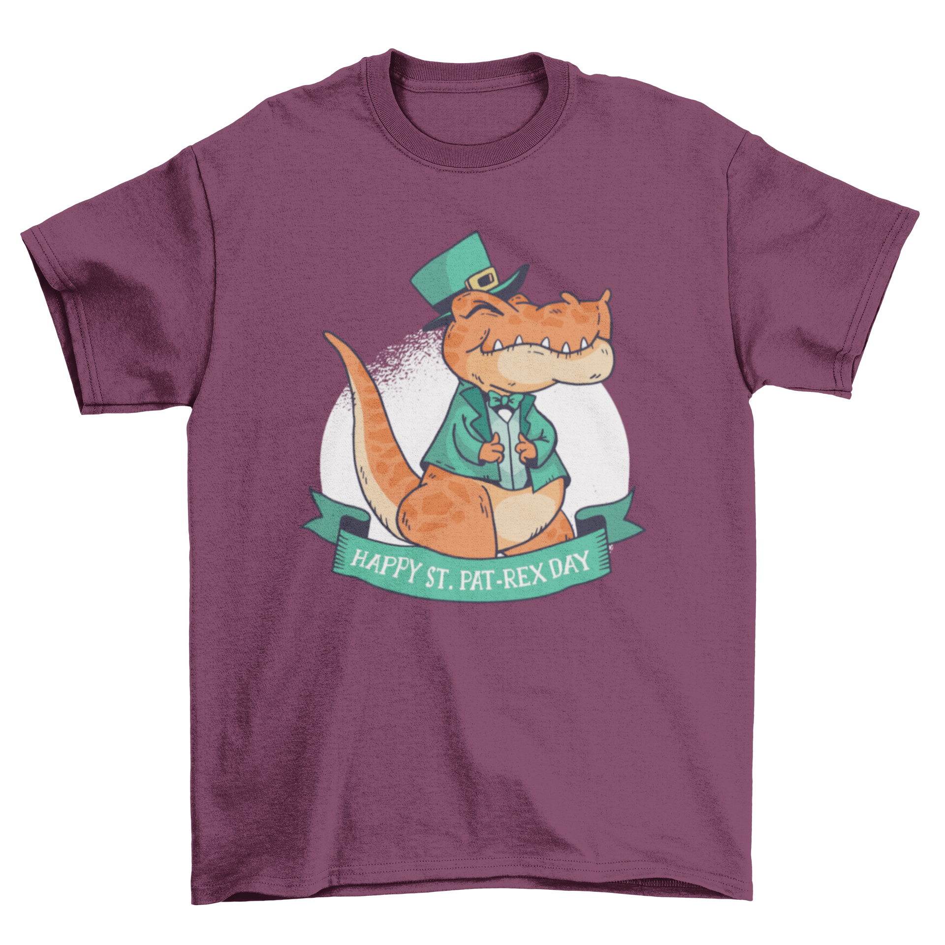 St. Patrick's T-Rex T-Shirt featuring a dinosaur in a green vest and leprechaun hat with a festive banner.