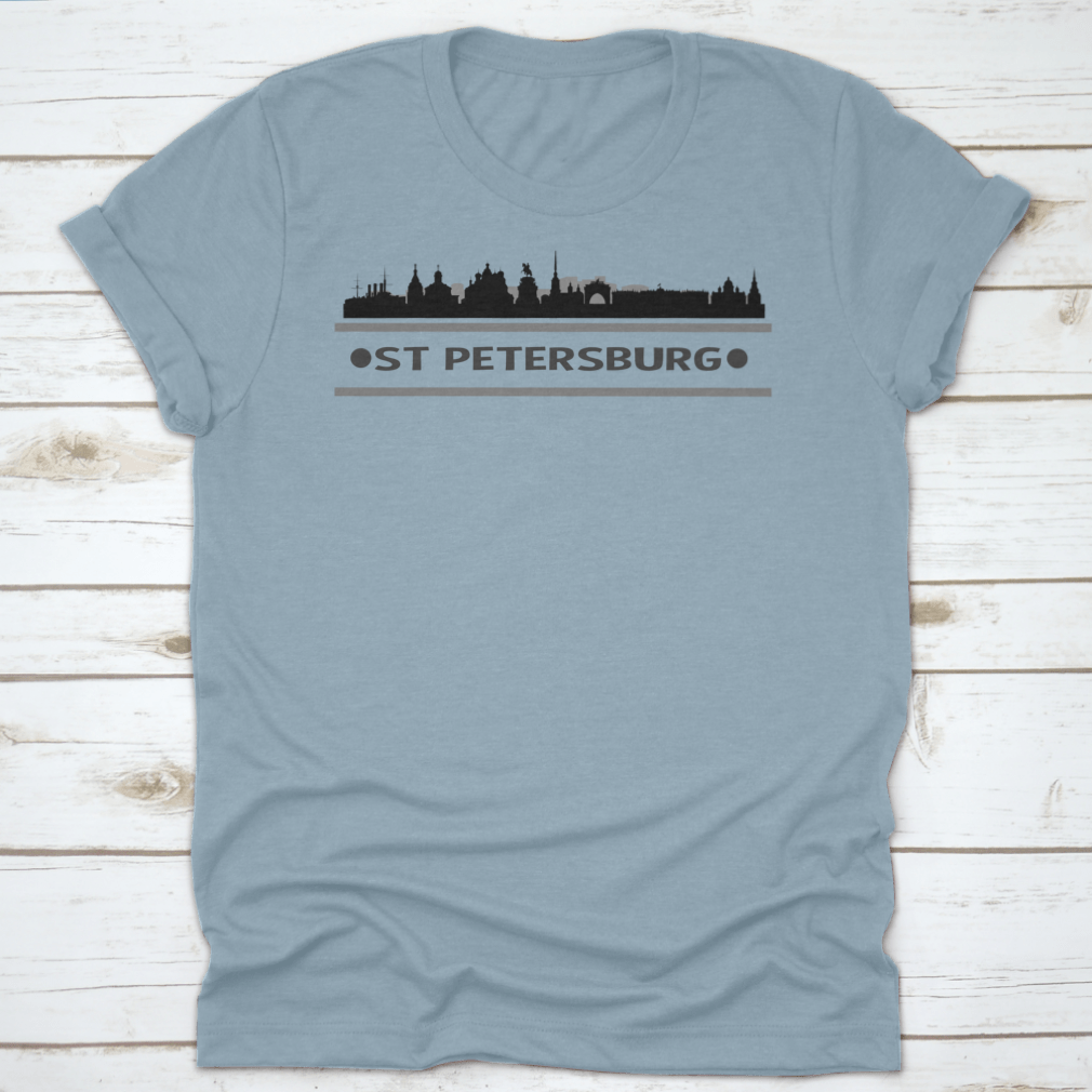 A stylish St Petersburg Skyline City Vector Design Shirt featuring a unique skyline graphic, made from soft cotton fabric.