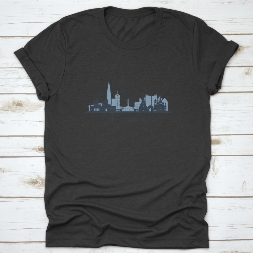 Monochrome silhouette shirt featuring the St. Petersburg skyline design, showcasing iconic buildings in a stylish layout.