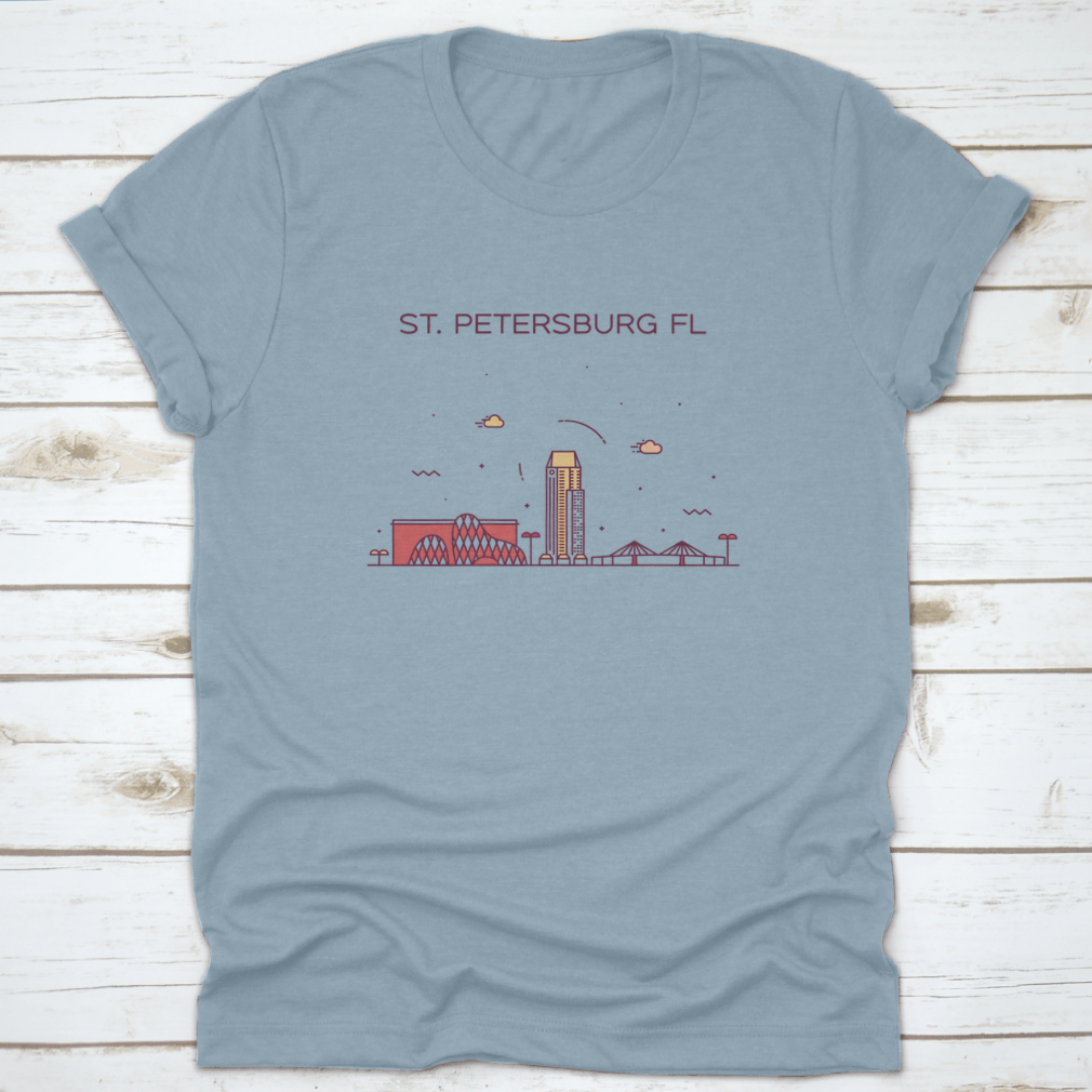 A trendy shirt featuring the skyline of St. Petersburg, Pinellas County, Florida, showcasing a stylish design on a comfortable cotton fabric.