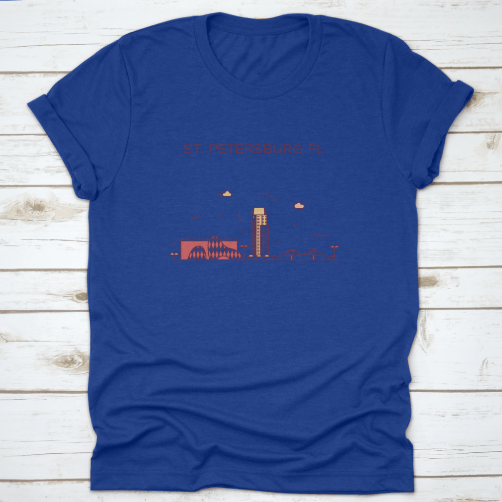 A trendy shirt featuring the skyline of St. Petersburg, Pinellas County, Florida, showcasing a stylish design on a comfortable cotton fabric.